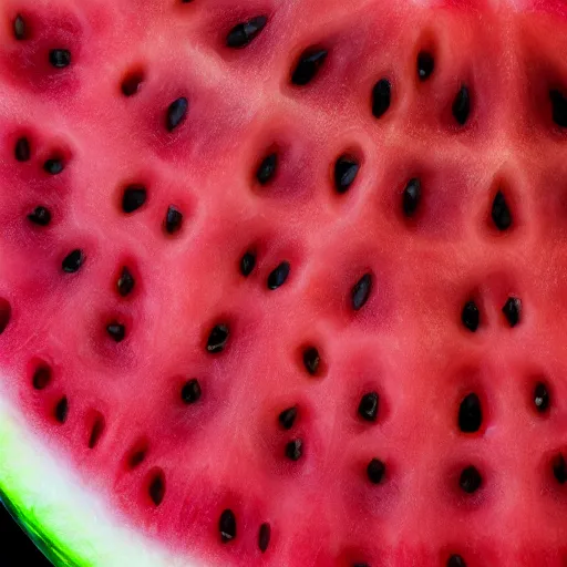 Prompt: extreme close up of a jagged piece of ripe seeded watermelon, dim iridescence, 4K, HD, octane render