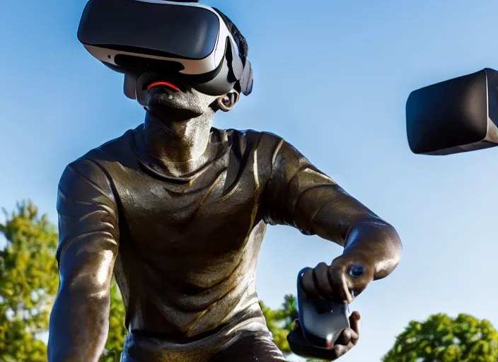 Image similar to photo still of a bronze statue of a man gaming in vr in a park on a bright sunny day, 8 k 8 5 mm f 1 6