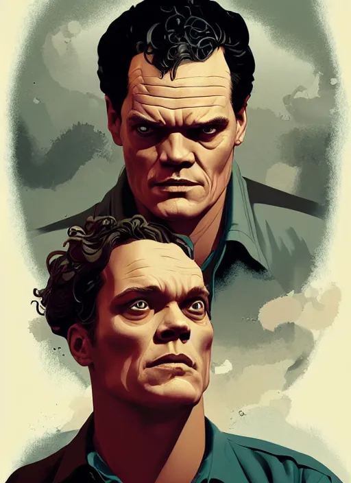 Image similar to poster artwork by Michael Whelan and Tomer Hanuka, Karol Bak of portrait of Michael Shannon!! the local mechanic clerk at the auto store, from Twin Peaks, clean, simple illustration, nostalgic, domestic, full of details