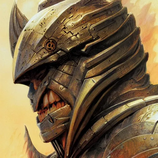 Prompt: head and shoulders portrait of an armored fire giant, d & d, fantasy, greg rutkowski, frank frazetta, alexandre chaudret, boris vallejo, michael whelan, miro petrov, hr giger, magali villeneuve, donato giancola