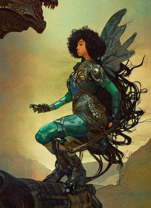 Image similar to portrait of a little cyborg warrior girl character sitting on top of a giant armored dinosaur bird flying in space, epic character with dark skin and beautiful green eyes. the girl has a very beautiful detailed symmetrical face, long black hair. diffuse night light, dramatic landscape, fantasy illustration, matte painting by mucha