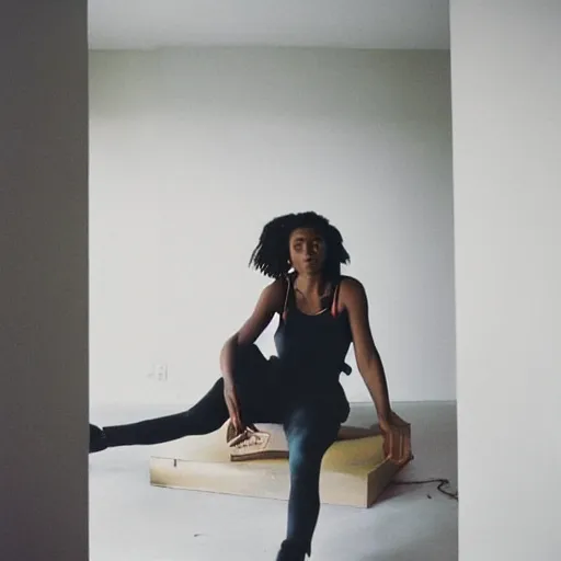 Prompt: realistic!!! photoshoot for a new nike lookbook, color film photography, portrait of a beautiful woman, location in a apartment, in style of tyler mitchell, 35mm
