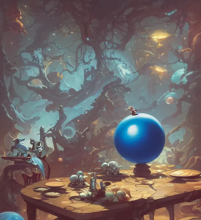 Image similar to a blue ball on a table, artwork by Peter Mohrbacher and Dan Mumford