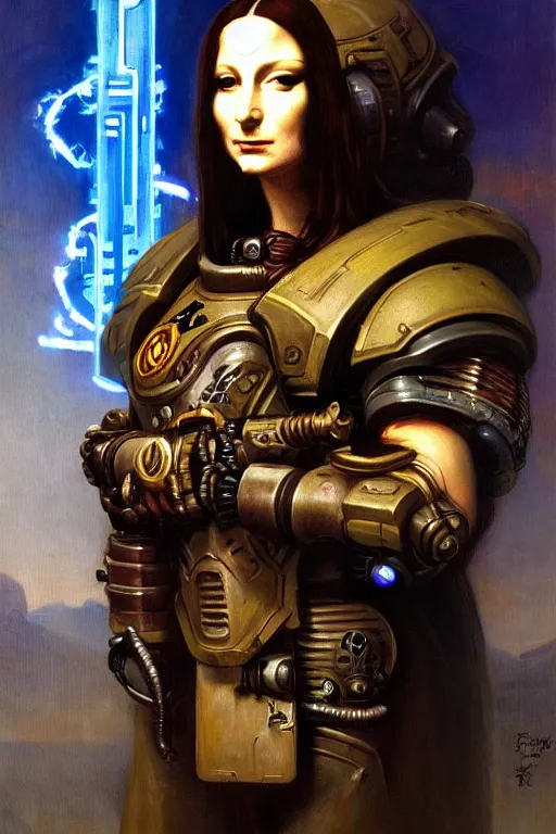 Image similar to character portrait cyberpunk starcraft terran warhammer 4 0 k space marine tech priest warrior ( ( ( ( ( ( ( ( totally definitely not negative no not mona lisa inspired ) ) ) ) ) ) ), character design, painting by gaston bussiere, katsuya terada, frank frazetta, tom of finland, trending on artstation