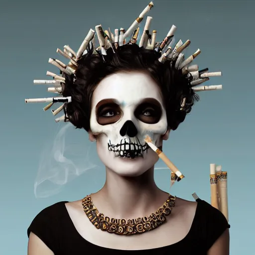 Image similar to full body potrait of a woman. woman is wearing a crown made of cigarettes. Woman is wearing a skull mask. Smoke effects forms question mark. Digital painting. Art station. Mood lighting. - h 1200