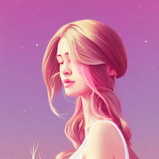 Image similar to happy adult female in sundress, summer dress, pastel light pink very long hair, muted colors, matte print, pastel colors, ornate, digital art, digital painting, fan art, elegant, artstation, head is centered, by Ilya Kuvshinov