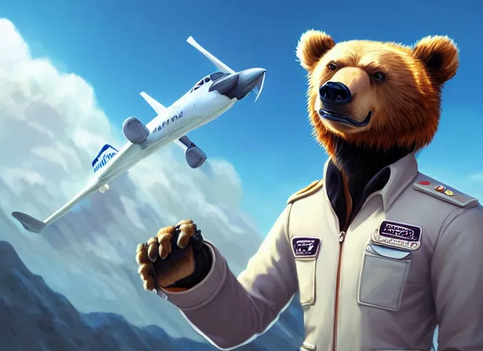 Prompt: character portrait feature of the anthro male anthropomorphic kamchatka brown bear fursona wearing white airline pilot outfit uniform professional pilot for delta airlines character design stylized by charlie bowater, ross tran, artgerm, and makoto shinkai, detailed, soft lighting, rendered in octane