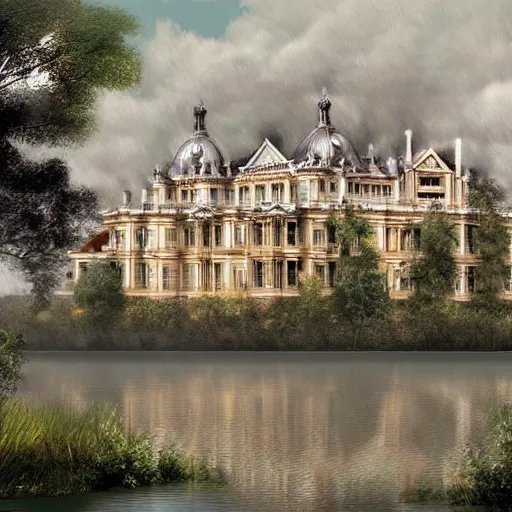 Prompt: Digital art of a large victorian palace on the edge of a lake. Realistic. Highly detailed.