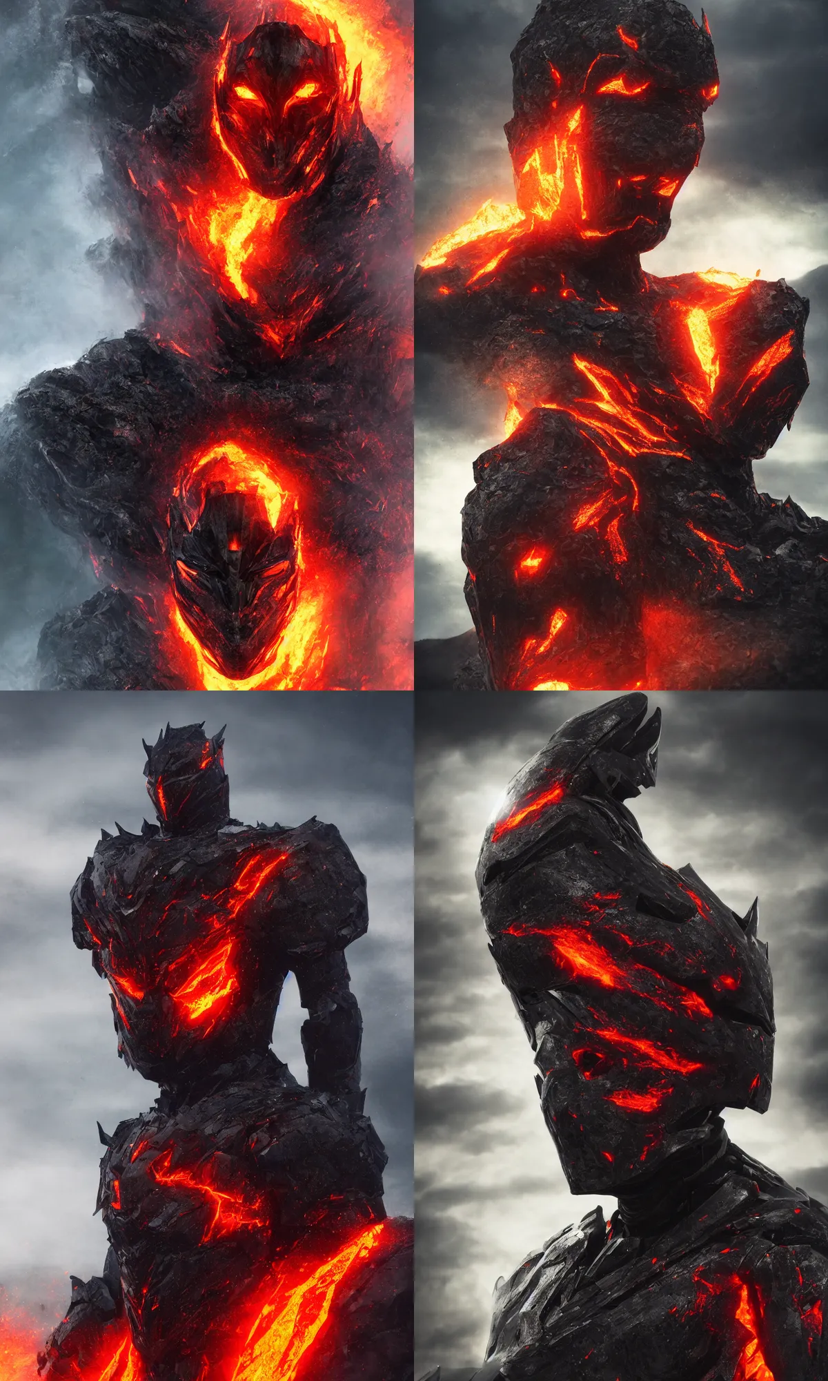 Prompt: portrait photo of the king of the mountains, photorealistic, dark warrior, crown of fire, black iron suit of armour, lava, medieval kind, fantasy, trending on artstation, artstationHD, digital art, character design, volumetric lighting, dramatic scenery, 8k