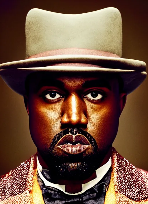 Image similar to portrait kanye west as willy wonka in django unchained, splash art, movie still, cinematic lighting, long lens, shallow depth of field, bokeh, anamorphic lens flare, 8 k, hyper detailed, 3 5 mm film grain