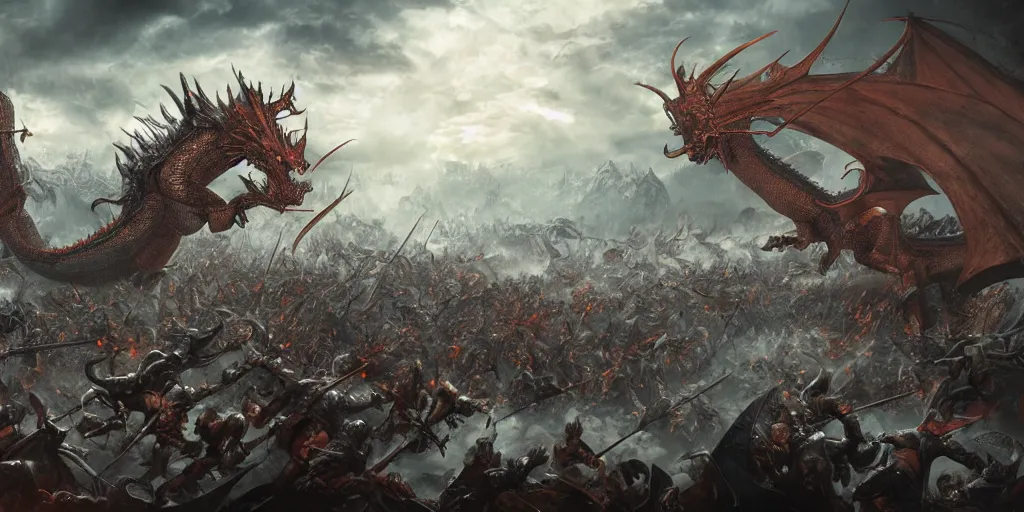 Prompt: dragon warriors battling against humans, huge battle, thousands of warriors, dnd, medieval, fantasy art, concept art, high detail, high definition, 8k, artstation
