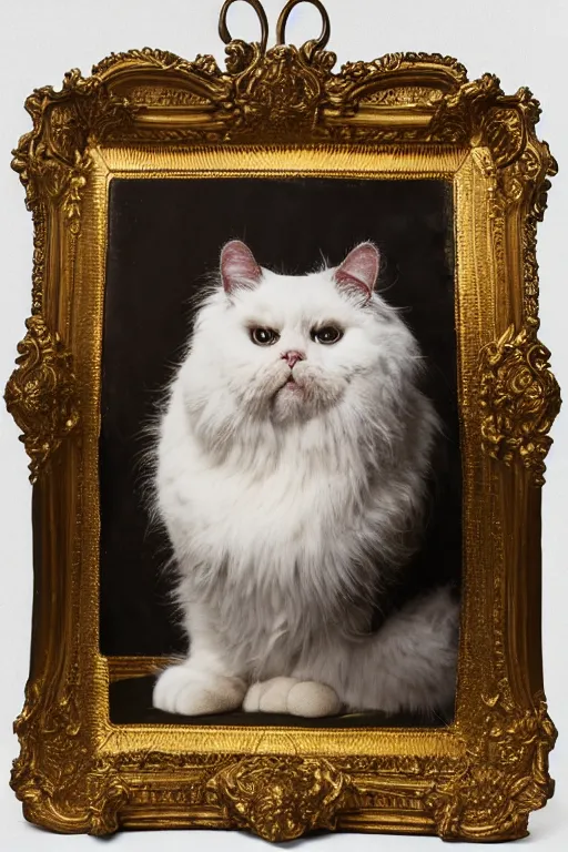 Image similar to a wet plate photo portrait of a magnificent fluffy fat royal cat on an embroidered velvet cushion on a neo - rococo gilded little bed, by david lachapelle, photorealistic, photography, wide shot