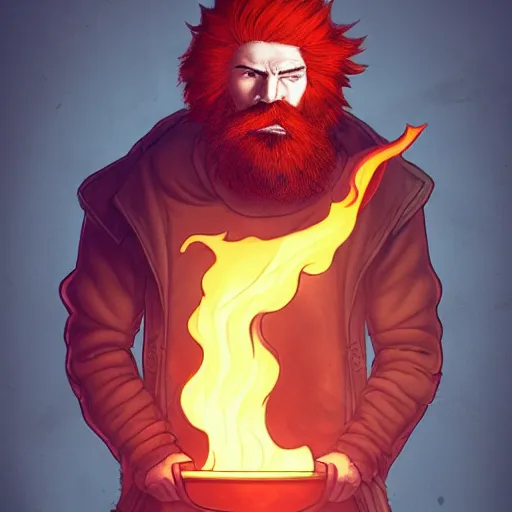 Image similar to red haired man with red beard, looking grumpy, wearing black coat, fire behind him, funny, fantasy artwork, fantastic artwork, 4 k, trending on artstation