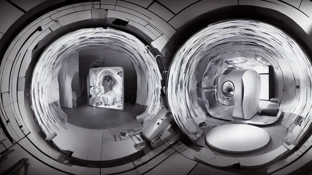 Image similar to an mri image open mri machine time tunnel portal in the living room, film still from the sci fi movie directed by denis villeneuve with art direction by salvador dali, wide lens