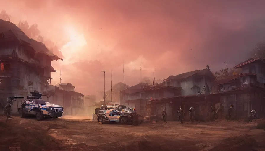 Image similar to a militarized police vehicle riding through an orwellian kerala village, troops searching the area, furious action scene, an epic fantasy, dramatic lighting, cinematic, establishing shot, extremely high detail, photorealistic, cinematic lighting, artstation, octane render, by simon stalenhag, horizon forbidden west