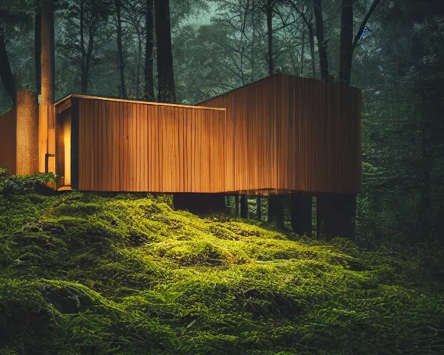 Image similar to an exquisite wooden house in the middle of a lush forest, minimalist design, architectural photography, dark and dim lighting, beautiful, tranquil, moody, cinematic, fantasy, 3 5 mm lens, volumetric lighting, first person view, photographic render, hyper realistic