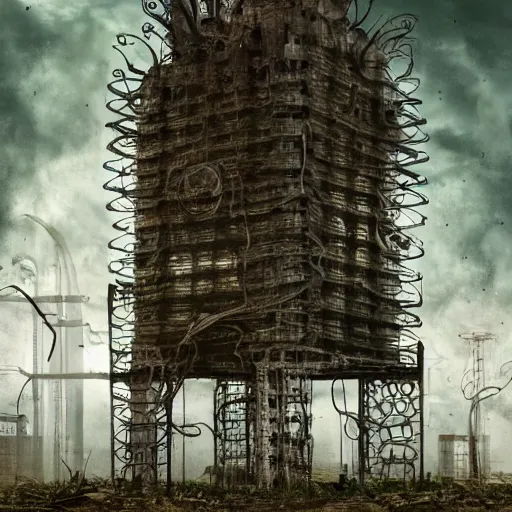 Image similar to giant evil bio-organic fleshy complex machine tower with tendrils and one eyeball at the top looking over a stormy post-apocalyptic wasteland, dystopian art