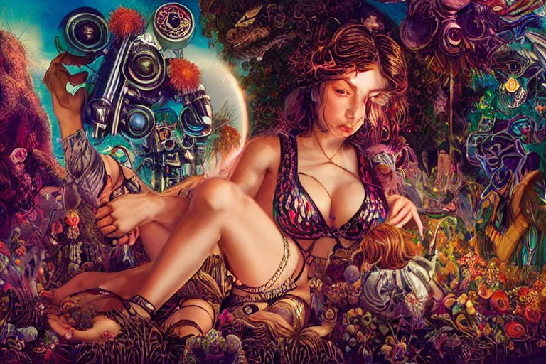 Prompt: rave girl by artgerm, steve argyle, ernst haeckel, david a. hardy, oyama kojima, phil koch, annie leibovitz, benoit mandelbrot, dan mumford, bruce pennington, mimmo rotella