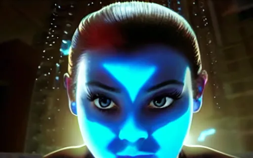 Prompt: Movie still frame from a super-hero blockbuster showing the glowing blue face of a CGI character in profile. She is a human superhero with ethereal glowing blue translucent skin. She has solid white glowing eyes with no visible pupils.