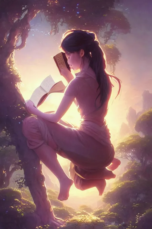 Image similar to highly detailed portrait of beautiful girl reading a book in avatar, dynamic pose, stephen bliss, unreal engine, fantasy art by greg rutkowski, loish, rhads, ferdinand knab, makoto shinkai and lois van baarle, ilya kuvshinov, rossdraws, tom bagshaw, global illumination, radiant light, detailed and intricate environment