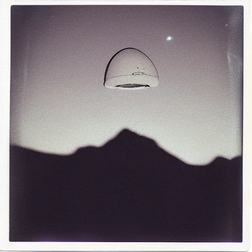 Image similar to a ufo flying over a distant mountain at night, historical photo, old polaroid, expired film,