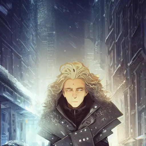 Prompt: portrait of the pale blond soldier Deckard, long curly blond hair, jagged black cyberpunk armor, imperial russian city streets covered in snow, sci fi, night time, ambient lighting, 4k, anime key visual, lois van baarle, ilya kuvshinov, rossdraws, artstation