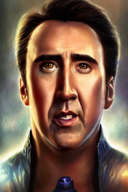 Image similar to Portrait of Nicolas Cage as superman cinematic lighting, intricate, elegant, highly detailed, digital painting, artstation, painted by Artgerm and Mark Waid and Greg Rutkowski and Mandy Jurgens