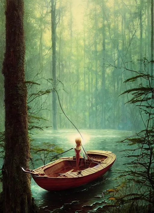 Image similar to boat in the woods by a river gorgeous lighting, lush forest foliage blue sky a hyper realistic painting by chiara bautista and beksinski and norman rockwell and greg rutkowski, tom bagshaw weta studio, and lucasfilm