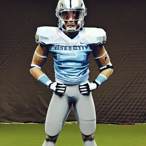 Image similar to “ a realistic detailed photo of a guy who is an attractive humanoid who is half robot and half humanoid, who is a male android, football player christian mccaffrey, shiny skin, posing like a statue, blank stare, on the field, on display ”