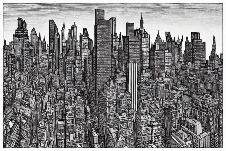 Image similar to a realistic Manhattan cityscape, from the roof, Central park by Louis Wain (1920), golden ratio, sharp linework, clean strokes, sharp edges, flat colors, cell shaded, trending on artstation