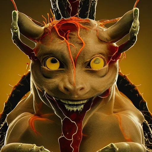 Image similar to portrait of Pikachu as a demonic creature with translucent skin, visible muscles and veins and arteries and bones and spines and nerves, beautiful detailed intricate insanely detailed octane render, 8k artistic photography, photorealistic, chiaroscuro, by David Cronenberg, Raphael, Caravaggio