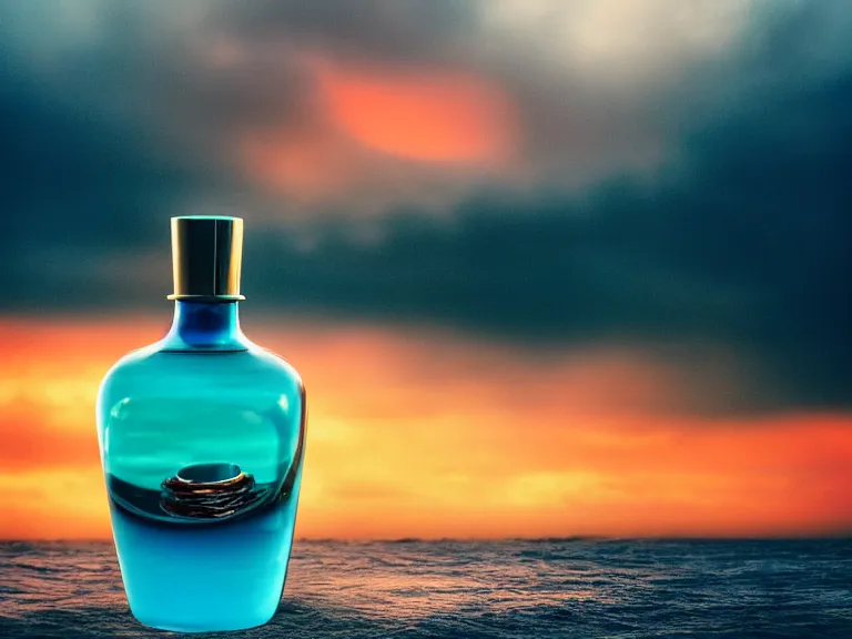 Image similar to cinestill 5 0 d surreal photography of perfume bottle emerging from swirling ocean waves and marmelade sunset sky / 4 style of nicholas fols, 2 0 0 mm, mute dramatic colours, soft blur outdoor stormy sea background, volumetric lighting, hyperdetailed, hyperrealistic