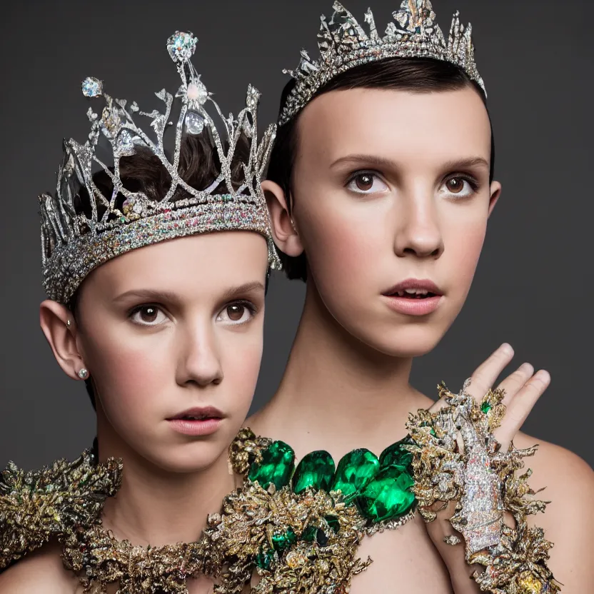 Image similar to millie bobby brown as queen, big crown adorned with emerald, diamonds, topaz and other jewellaries, sensual, beautiful soft light failling on her face, studio photography, nikon 3 5 mm portrait photography, ultra realistic