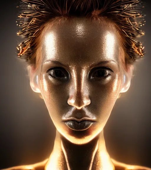 Prompt: bioluminescent long exposure light painting of a beautified full frame photo realistic face with lee jeffries style skin texture, lifelike incredible hair, crystalline masterpiece incrustations, gold, copper, bronze white plastic biomechanical with specular highlights, hyperdetailed face, elegant pose, movie still, octane render, cinematic forest lighting,