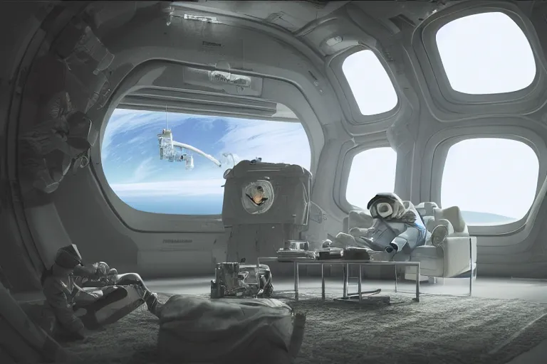 Prompt: photo realistic octane render of a living room in a space station with a sad astronaut looking out the window at earth