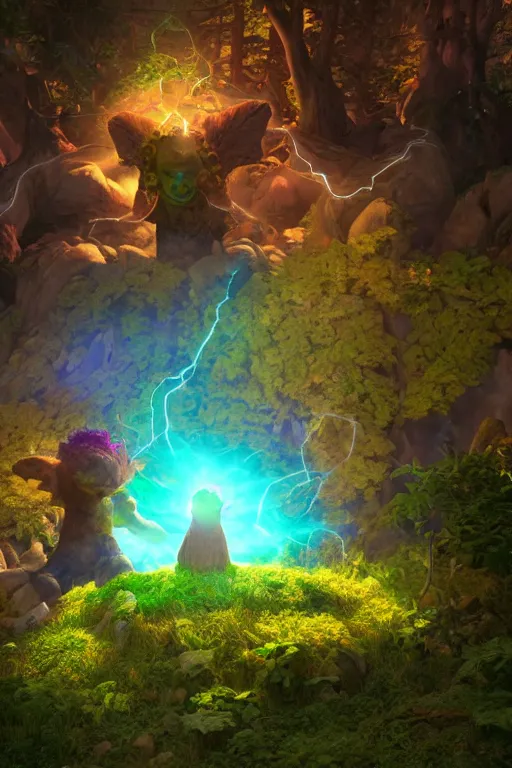 Image similar to arcane fantasy art giant golem elemental wood rock bastion forged gemstone enchanted forest troll, global illumination ray tracing hdr fanart arstation by sung choi and eric pfeiffer and gabriel garza and casper konefal lisa frank zbrush central hardmesh radiating a glowing aura