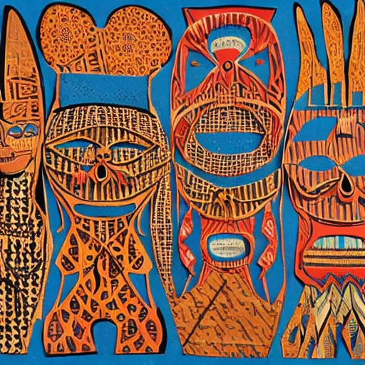 Prompt: Abstract expressionist paper cut collage detailed intricate patterns of African tribal mask