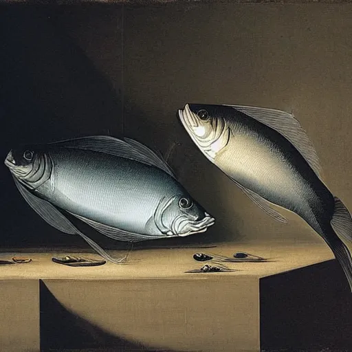 Image similar to two fishes talking to eachother in deep sea, art by pieter claesz