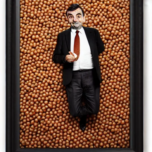 Prompt: uhd candid photo of mr. bean made of beans. photo by annie leibowitz