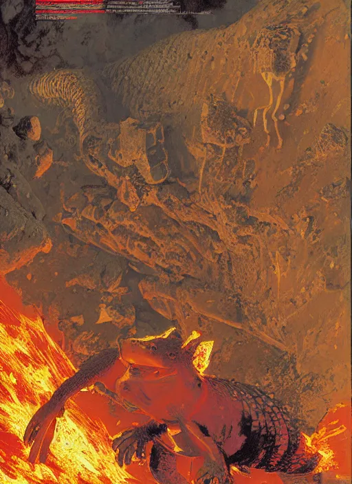 Prompt: armadillo in lava cave, explosions, lava flows, dynamic action, by lawrence alma - tadema and zdzislaw beksinski and norman rockwell and jack kirby and tom lovell and greg staples