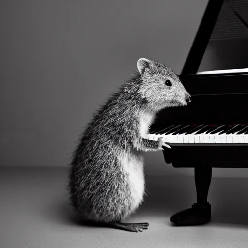 Image similar to a quokka playing on a grand piano, wearing a tuxedo, black and white soft light photograph