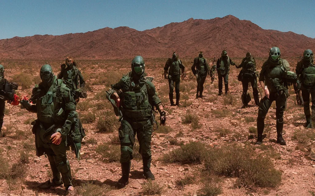 Image similar to a team of five people in dark green tactical gear like death stranding and masks, red mesas behind them, look at a desert oasis in the distance. They 're afraid. dusty, red, mid day, heat shimmering, 35mm film