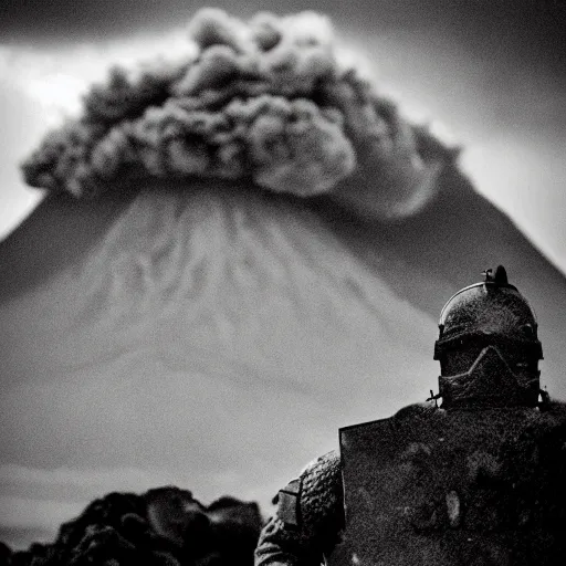 Image similar to Close-up of a heavy-armored soldier standing infront of an erupting volcano, black and white, professional photography, eerie, cinematic