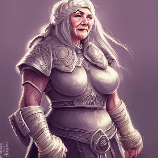 Prompt: elderly female feminine dwarven heavyset fighter with immaculate long grey hairstyle and intricate beard in lengthy braids and wrinkled skin wearing full platemail armor by rossdraws