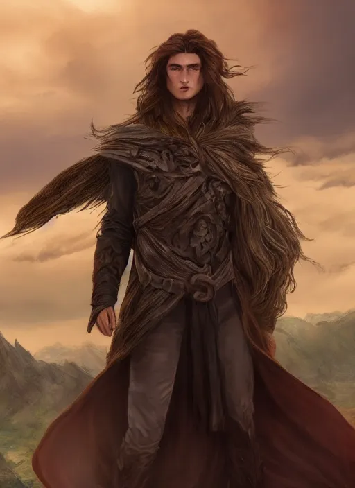 Prompt: An epic fantasy comic book style portrait painting of a young man with a long brown hair wearing a cloak that waves in the wind as he holds onto a stave in front of an epic fantasy landscape, unreal 5, DAZ, hyperrealistic, octane render, cosplay, RPG portrait, dynamic lighting