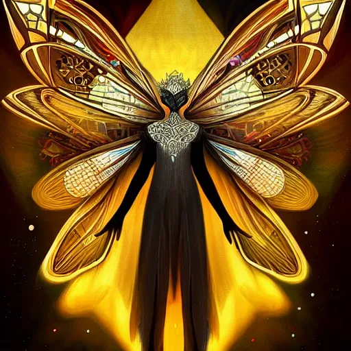 Prompt: realistic illustration of a beautiful art deco faerie queen with glowing eyes, moth wings with geometric patterns, reflective detailed textures, highly detailed dark fantasy science fiction painting, silver and cool colors, artstation