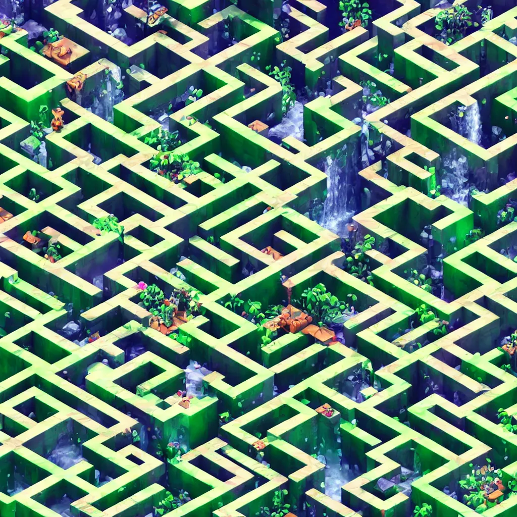 Image similar to wimmelbilder maze made of 80's arcade jungle waterfall level, isometric, white path, octane render, particle effects, unreal engine, very sharp, high contrast