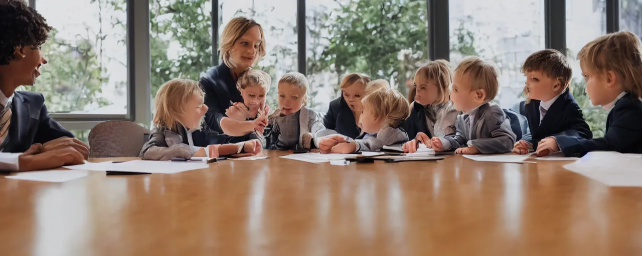 Prompt: toddlers in executive business suits sitting around a conference table having a board meeting in the middle of a preschool classroom as their parents stand outside nervously peering through the windows at the meeting