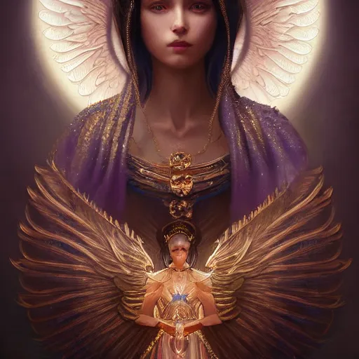 Image similar to A beautiful digital painting of a female Seraphim full of jewels, princess, the moon behind her, intricate, cinematic lighting, highly detailed, digital painting, Artstation, concept art, smooth, sharp focus, illustration, art by Tom Bagshaw, Artgerm and Greg Rutkowski