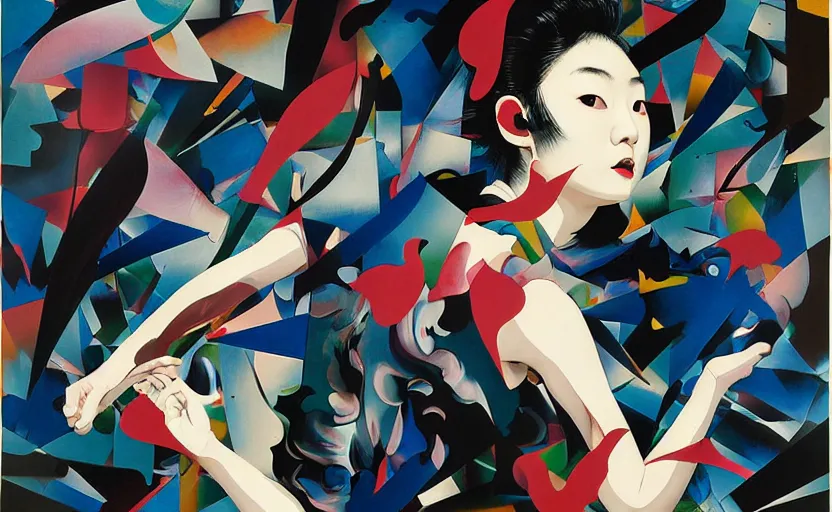 Image similar to decollage painting young japanese actress chased by unknown danger by adrian ghenie and takato yamamoto and edward hopper and mark ryden and tsutomu nihei, part by bridget riley, acrylic pour and splashing paint, very coherent, baroque elements, perfect anatomy, intricate design. pop art.